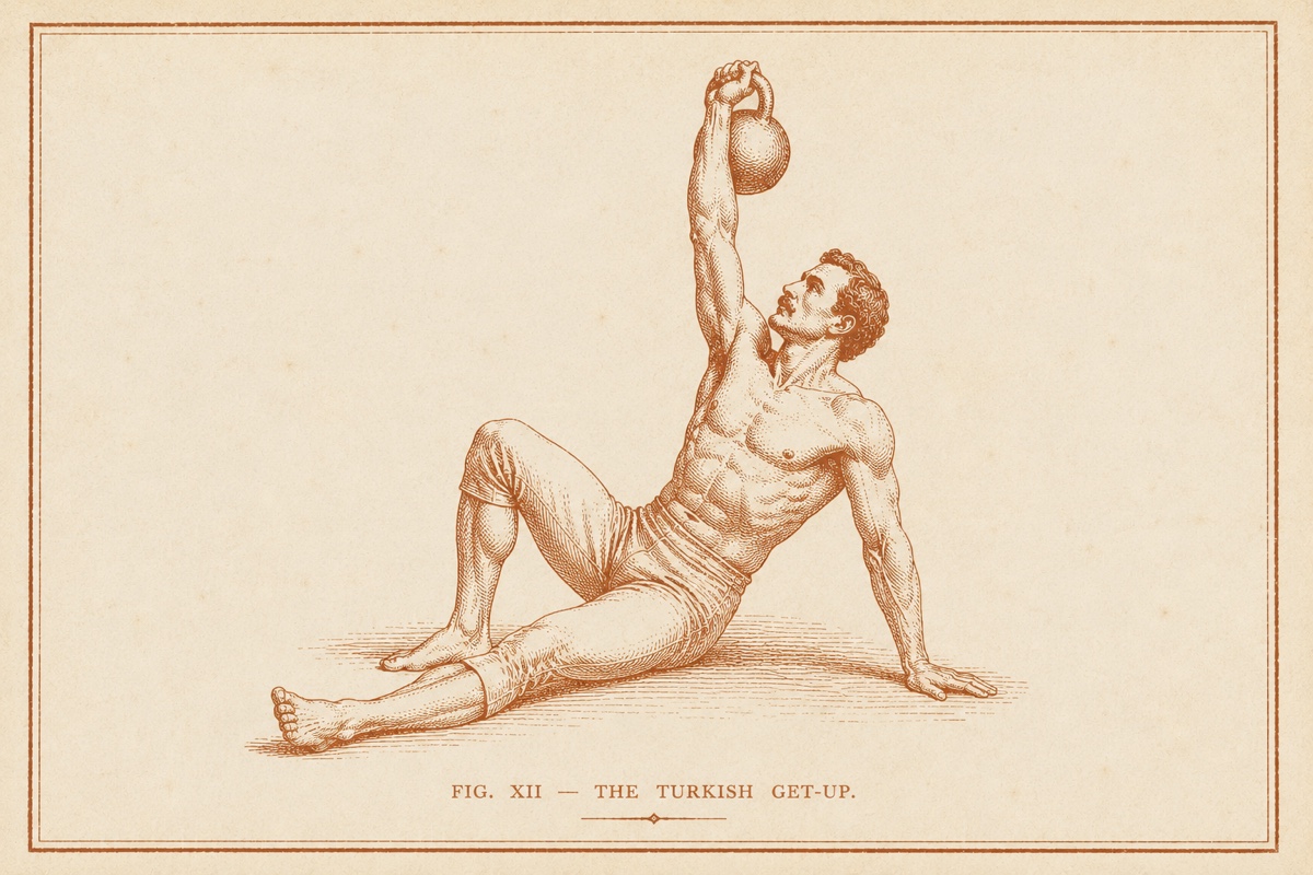 Antique engraving of a man performing a Turkish get-up with a kettlebell